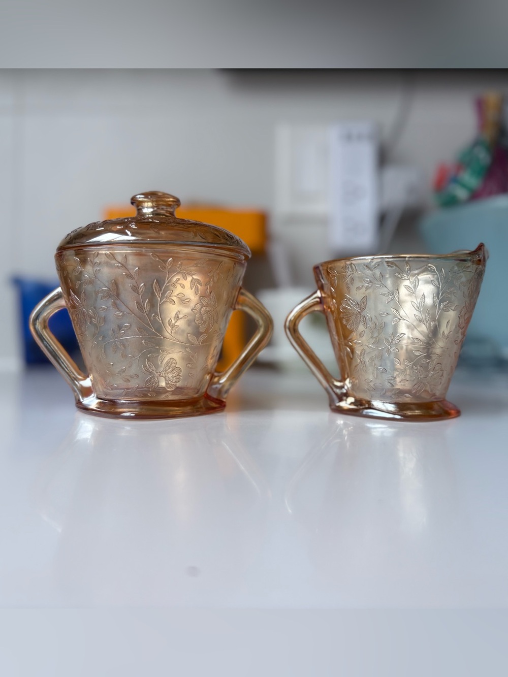 Vintage  Jeanette Glass Set Floragold Louisa Creamer and Sugar Bowl with Lid